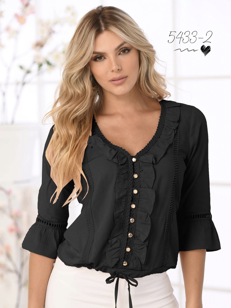 Blusa con Volantes y Mangas Campana Negro para Mujer 5433-2