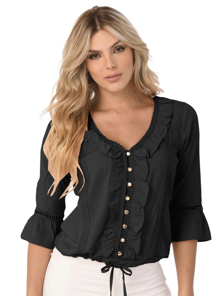 Women's Black Ruffle Bell-Sleeve Blouse 5433-2