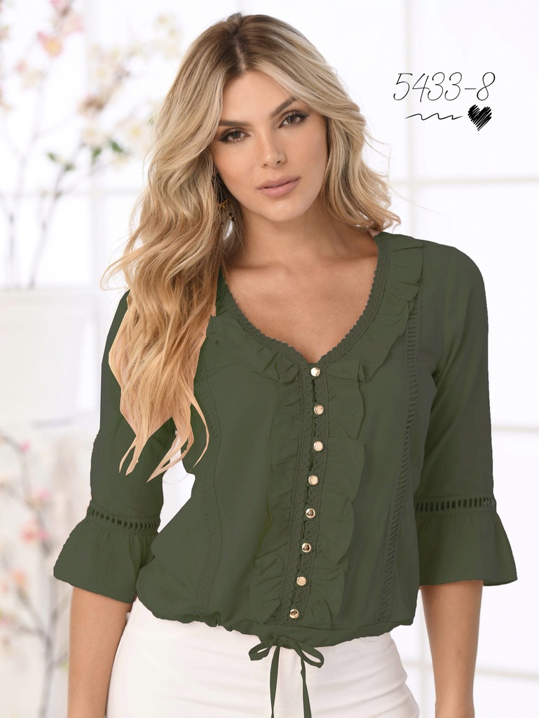 Women's Olive Green Button-Up Bell-Sleeve Blouse 25254338