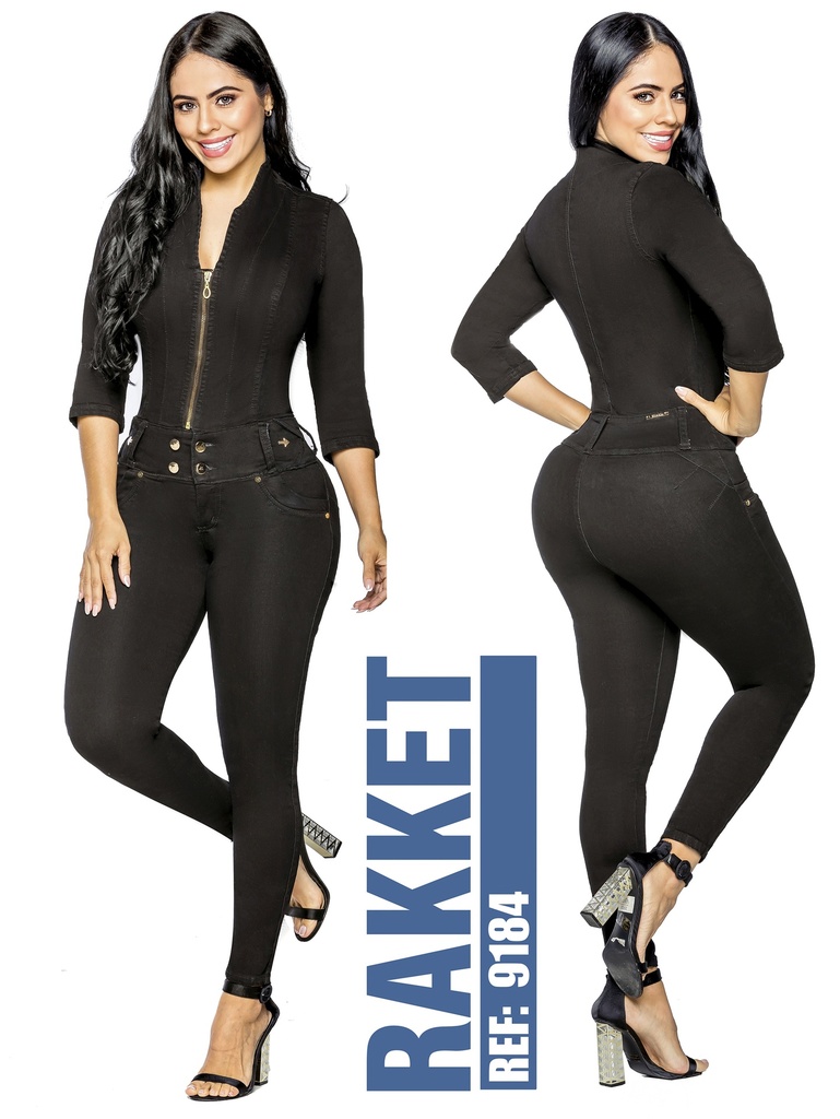 [2619184R01] Enterizo Manga Larga Levantacola Negro para Mujer 9184