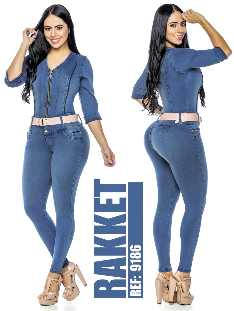 [2619186R03] Women's Medium Denim 3/4 Sleeve Butt Lift Jumpsuit 9186