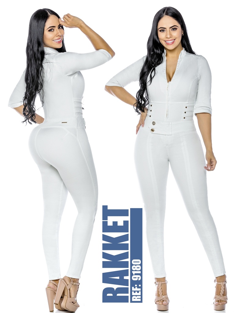 [2619180R01] Women's White Short Sleeve Zip Butt Lift Jumpsuit 9180