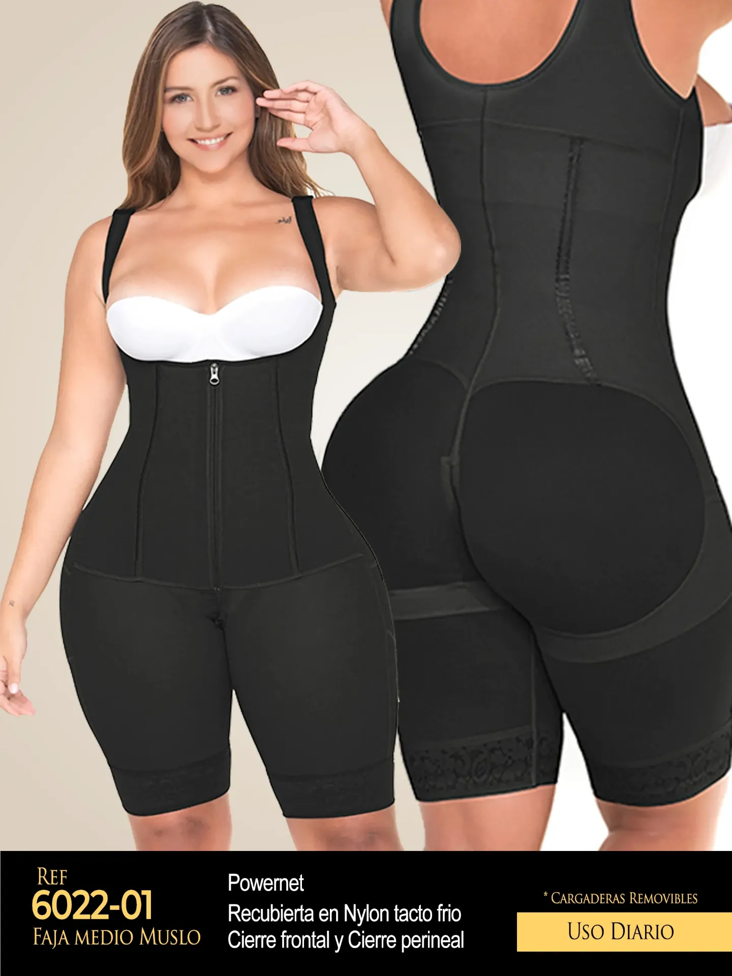 [1106022XL01] Faja Moldeadora Faja Media Pierna en Powernet Negro para Mujer 6022-01
