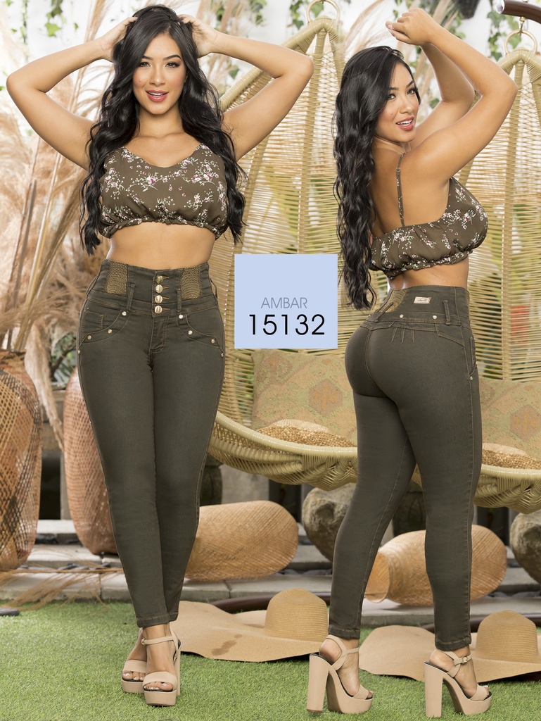 Jeans Levantacola Ajustados Verde Oliva para Mujer 15132