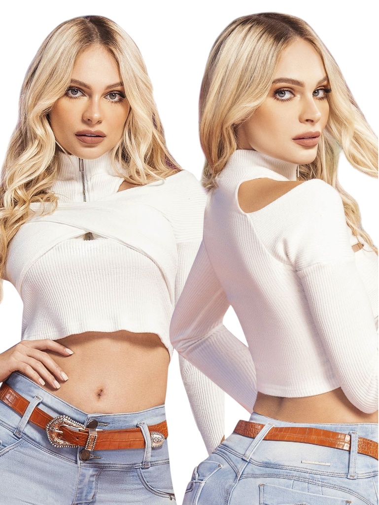 [3072264] Crop Top Manga Larga con Abertura Blanco para Mujer 3072264