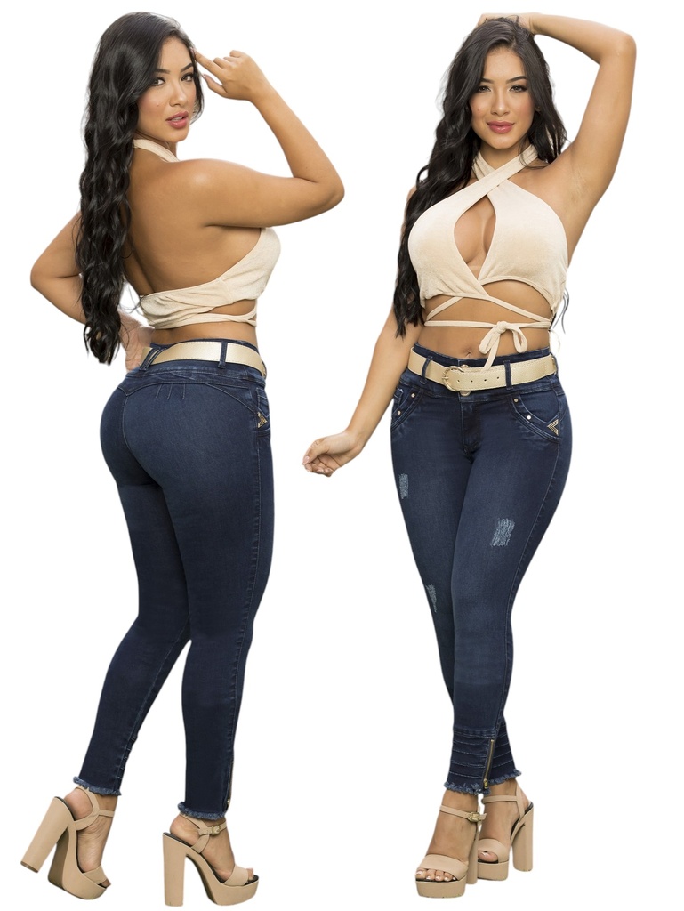 [23415137A03] Women's Dark Navy Distressed Butt Lift Skinny Jeans 15137