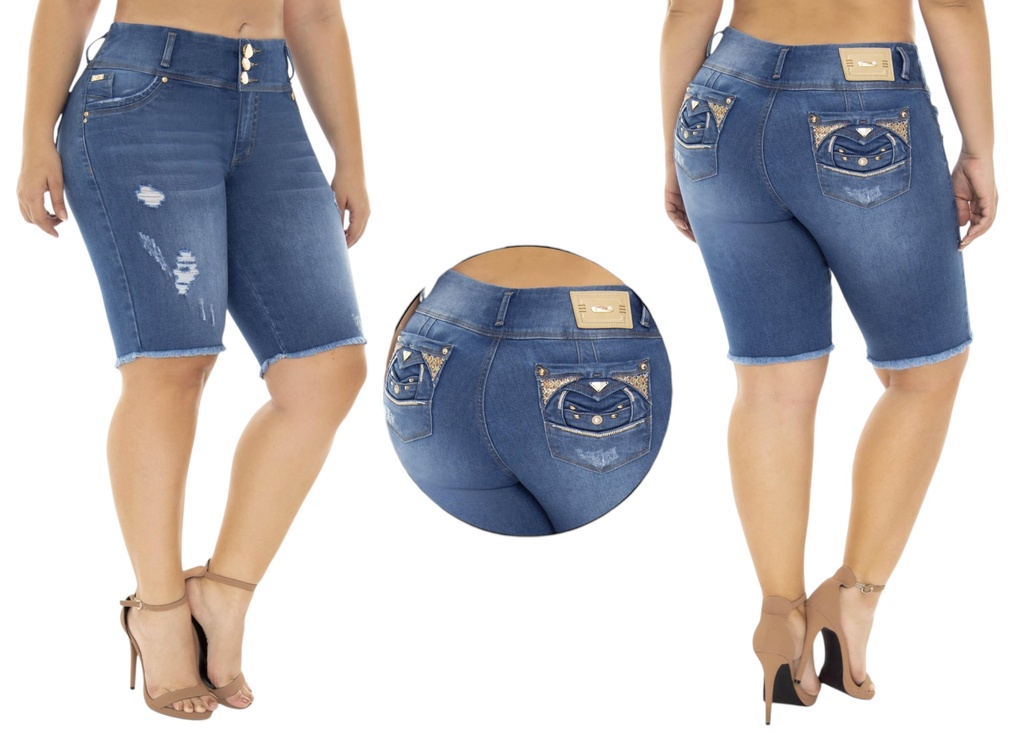 [24874882D03] Short Bermuda de Mezclilla Rasgada Lavado Medio para Mujer Do 10 Curvy