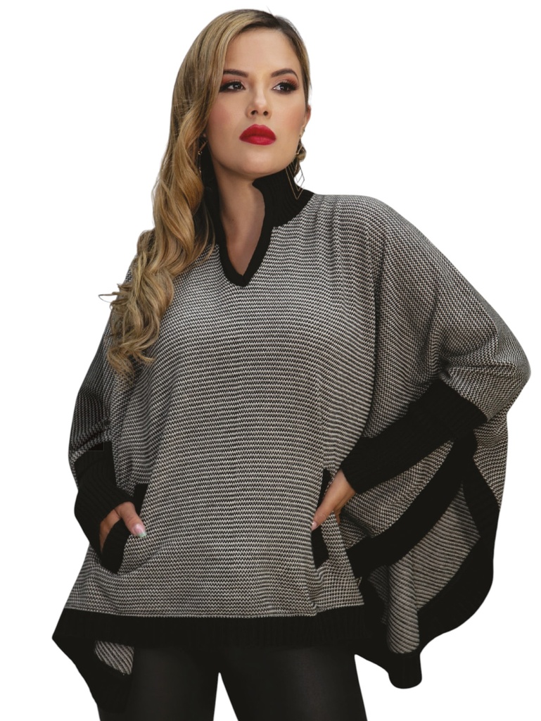[3221057] Suéter Poncho Suéter con Cuello en V Gris Jaspeado para Mujer 1057