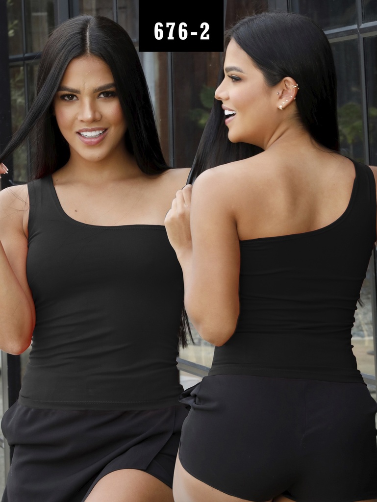 [2686762] Top Un Hombro Negro para Mujer 676-2