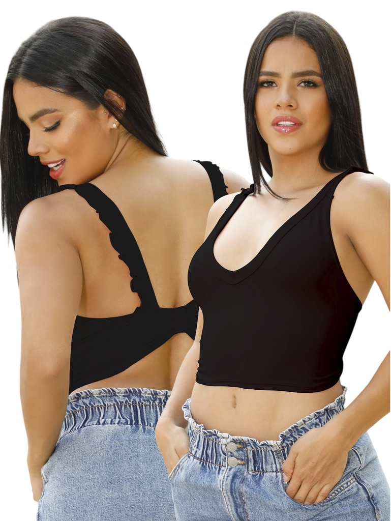 [2686892] Women's Black V-Neck Strappy Crop Top 689-2
