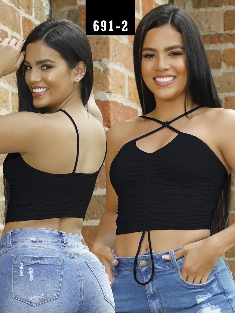 Women's Black Halter Cross-Strap Crop Top 691-2