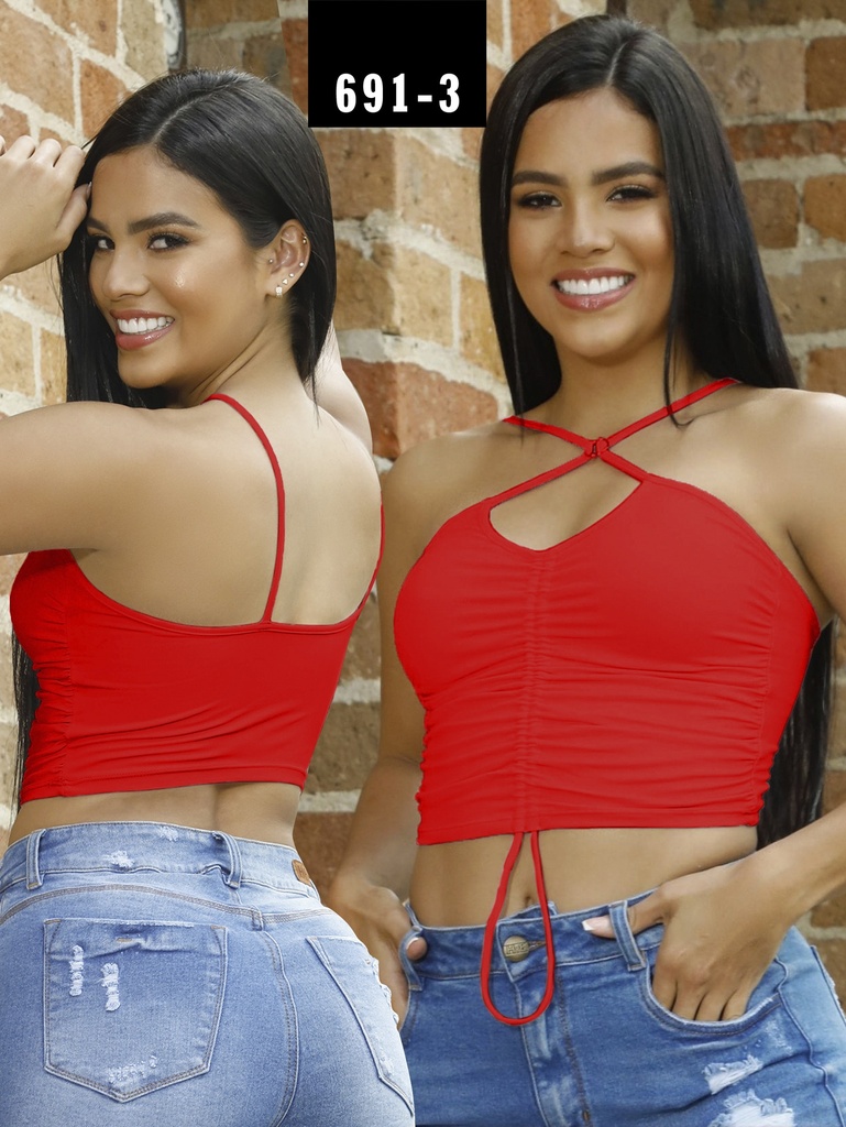[2686913] Women's Red Halter Cross-Strap Crop Top 691-3