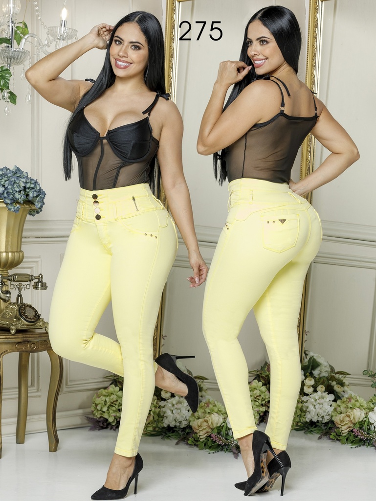 [29327503] Jeans Levantacola Ajustados Amarillo Pastel para Mujer 275