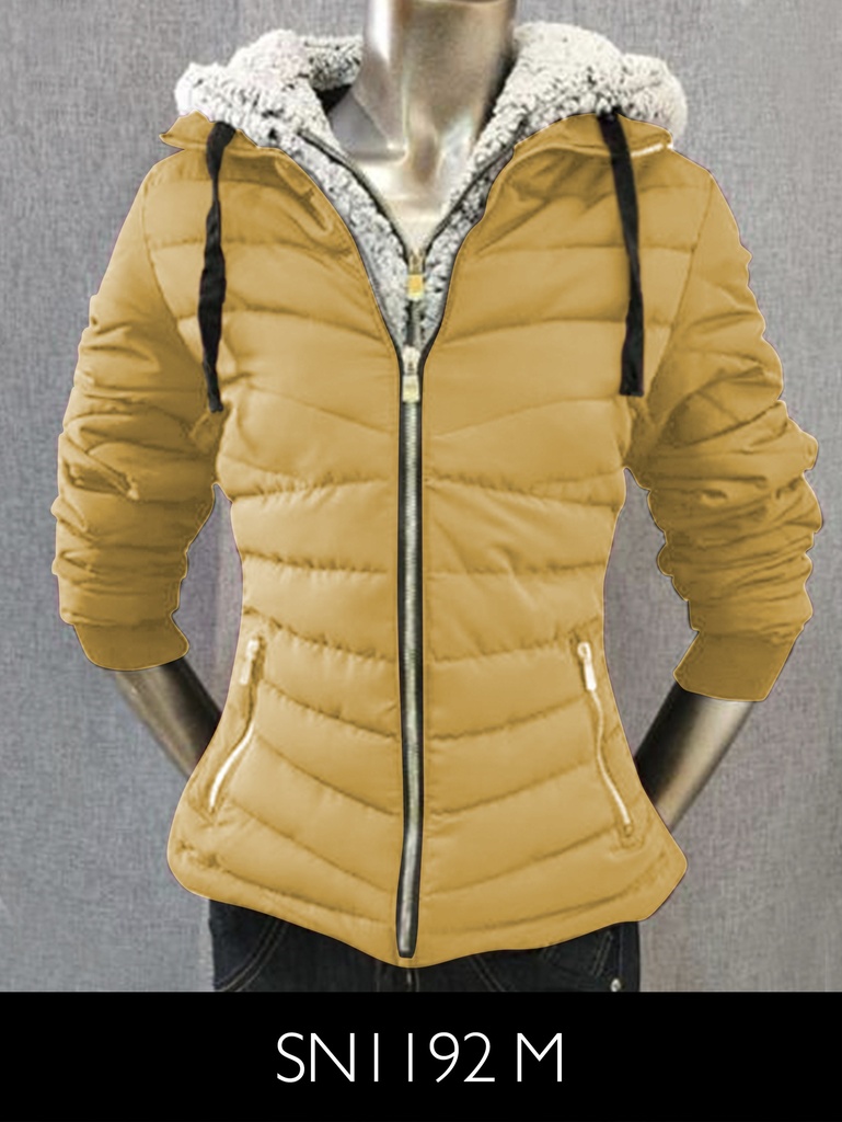 Chaqueta Borde de Piel Sintética Mostaza Acolchada con Capucha para Mujer SN1192M