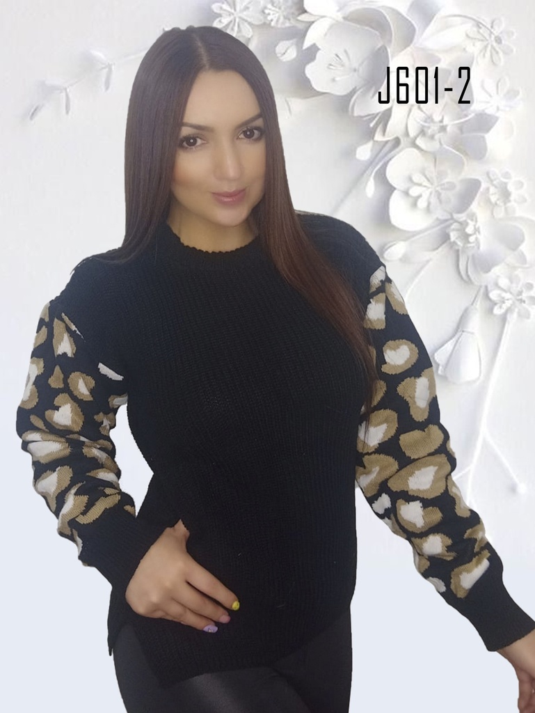 [339J6012] Suéter Negro Cuello Redondo con Mangas Bordadas de Flores Doradas para Mujer – J6012