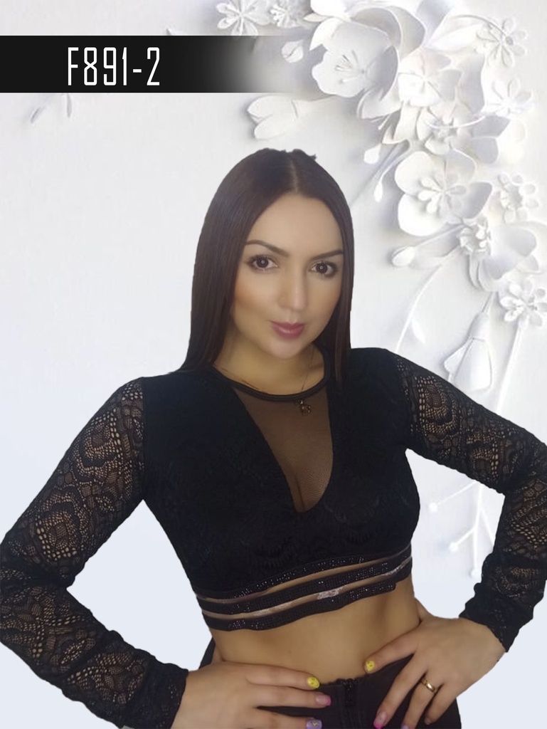 [339F8912] Crop Top Manga de Encaje y Malla Negro para Mujer F891-2