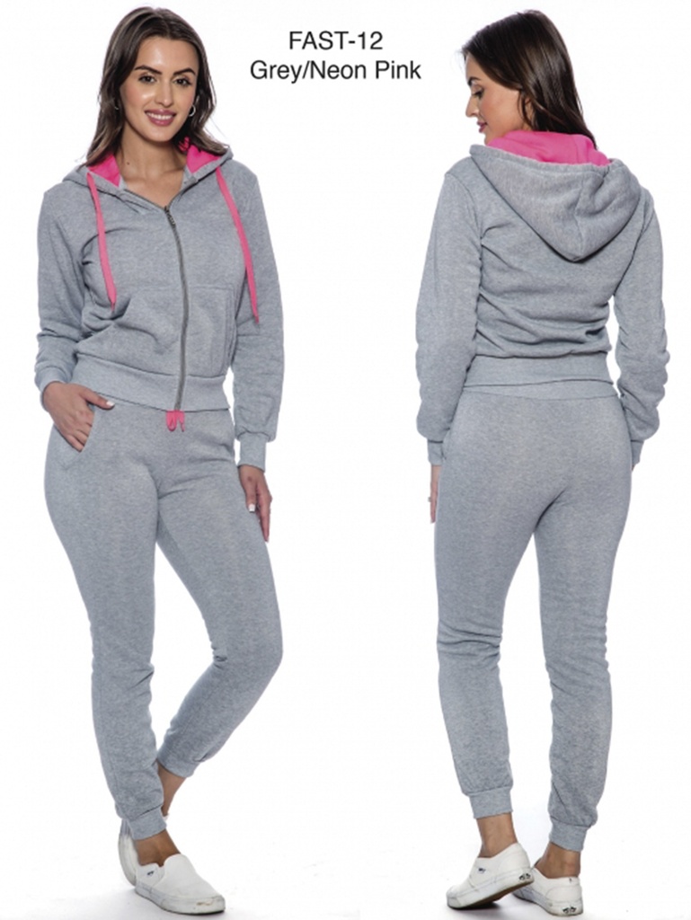 Conjunto Deportivo Sudadera con Capucha y Jogger Gris y Rosa Neón para Mujer Fast-12 Gray