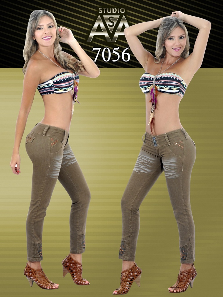 Jeans Levantacola Ajustados Verde Oliva para Mujer 7056