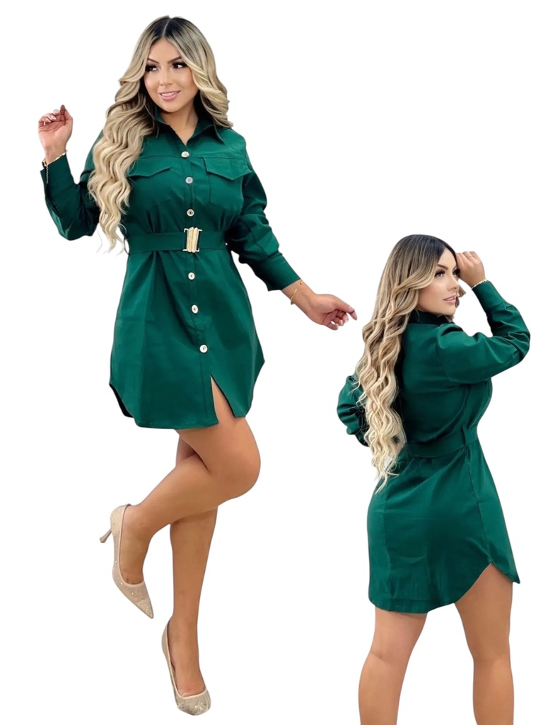 [3772488S/M] Women's Green Button-Up Shirt Dress 248-8 (S/M)