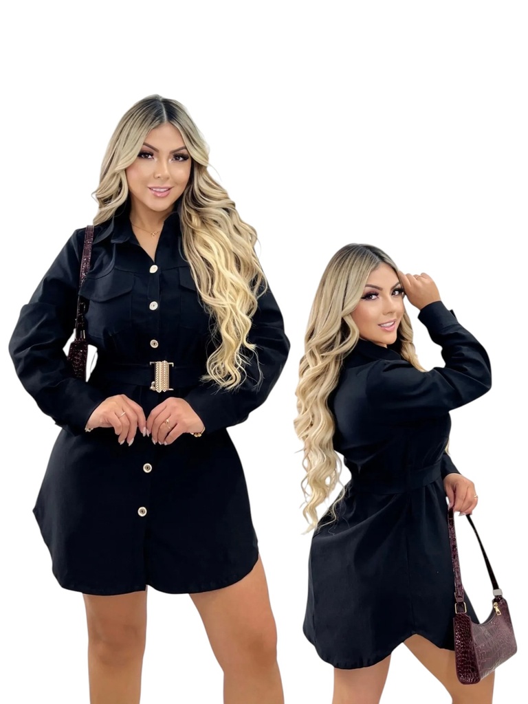 [3772482S/M] Vestido Camisero Colombiano con Cinturón – Manga Larga, Negro (S/M)