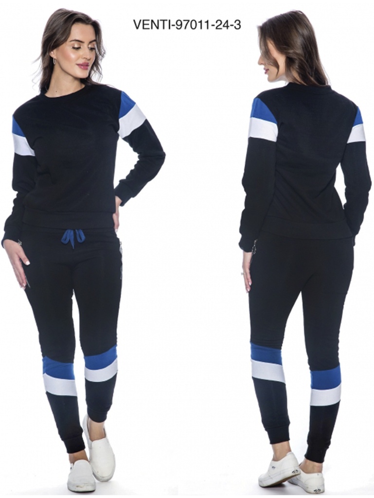 [200VENTI97011243XXL] Women's Black Blue & White Color Block Sweatshirt & Joggers Activewear Set Venti-97011-24-3