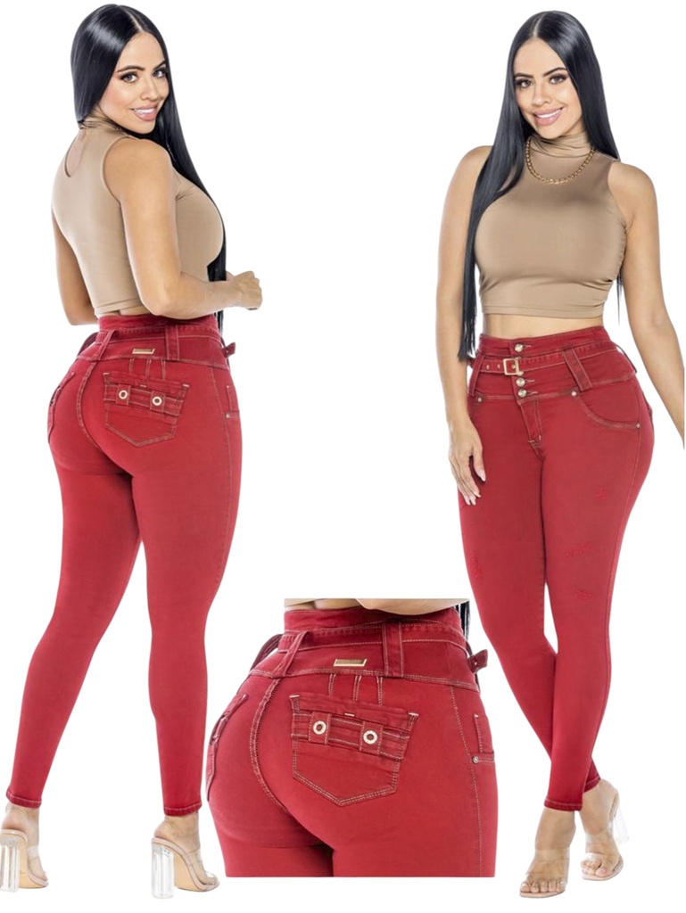 [109259205] Jeans Levantacola Ajustados Rojo para Mujer 2592
