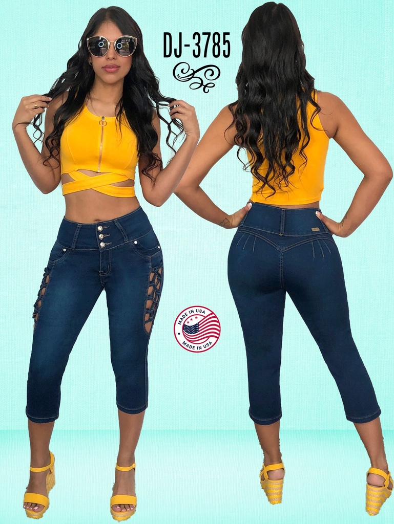 Jeans Capri Detalle de Cordones Laterales Lavado Oscuro para Mujer DJ-3785