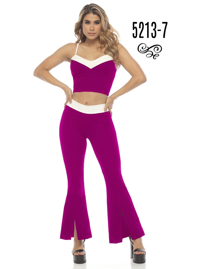 [24652137L] Conjunto de 2 Piezas Top Corto y Pantalón Campana Magenta para Mujer 5213-7