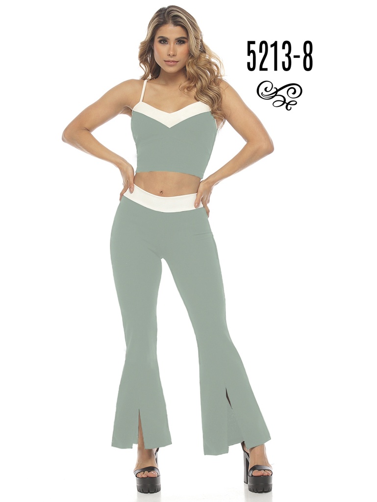 [24652138S] Women's Sage Green Crop Top & Flare Pants Two-Piece Set 5213-8
