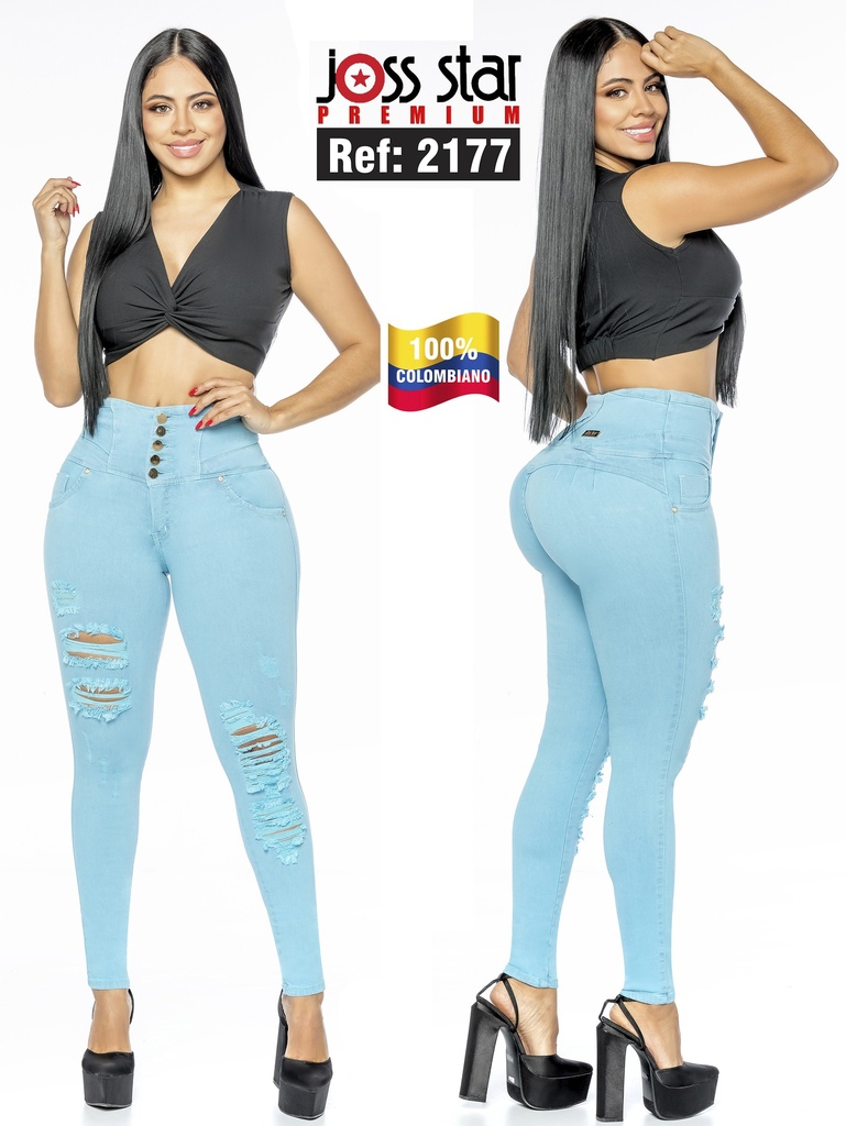 [109217705] Jeans Levantacola Rotos Ajustados Azul Bebé para Mujer 2177