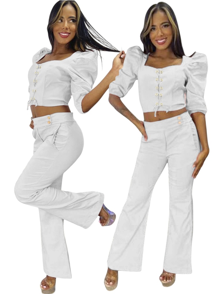 [356090631] Women's White Puff Sleeve Top & Wide Leg Pants Two-Piece Set 09063-1