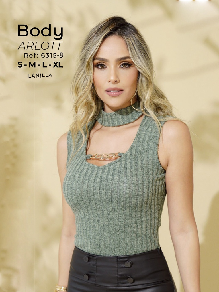 Body Cuello Choker con Abertura Verde Salvia Acanalado para Mujer 6315-8