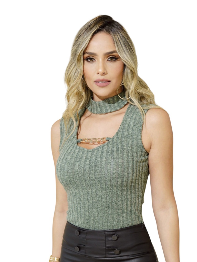 [25263158XL] Women's Sage Green Ribbed Choker Neck Cutout Bodysuit 6315-8