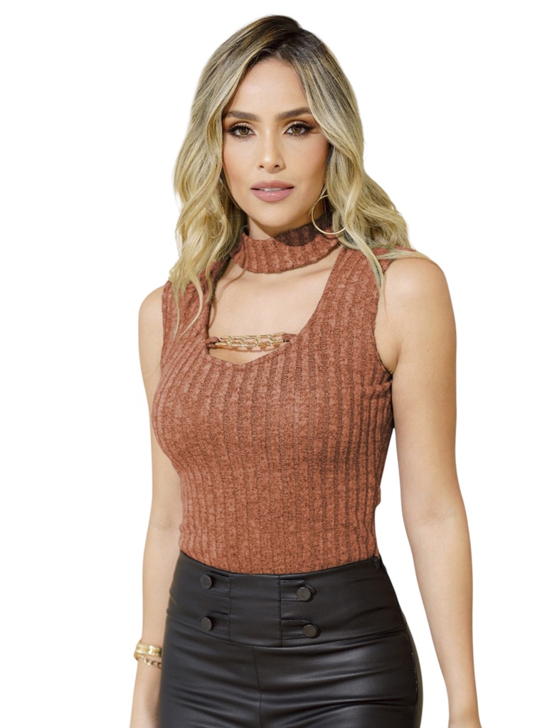 [252631528XL] Women's Rust Ribbed Choker Neck Cutout Bodysuit 6315-28