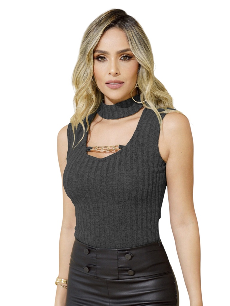 [252631513L] Women's Charcoal Ribbed Choker Neck Cutout Bodysuit 6315-13