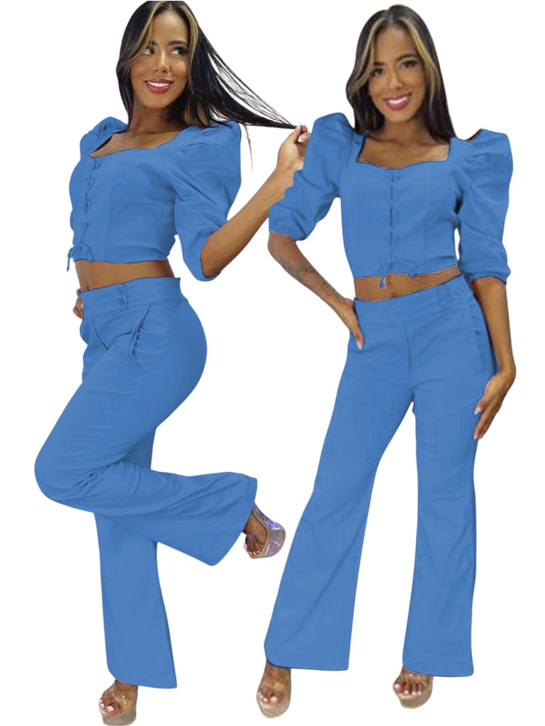 [356090635] Women's Blue Puff Sleeve Top & Wide Leg Pants Two-Piece Set 09063-5