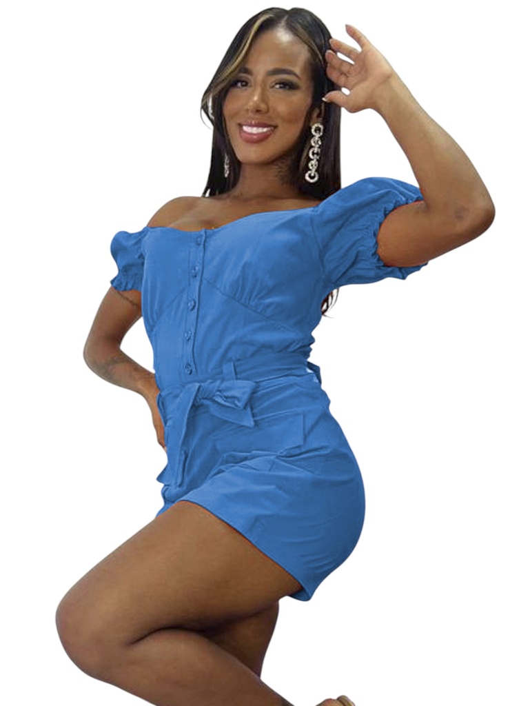 [356097285L/XL] Women's Blue Off Shoulder Top & Shorts Two-Piece Set 09728-5