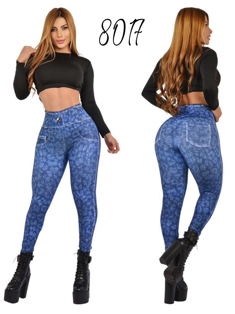 [3558017] Leggings Efecto Mezclilla Tiro Alto Efecto Mezclilla Azul para Mujer 8017