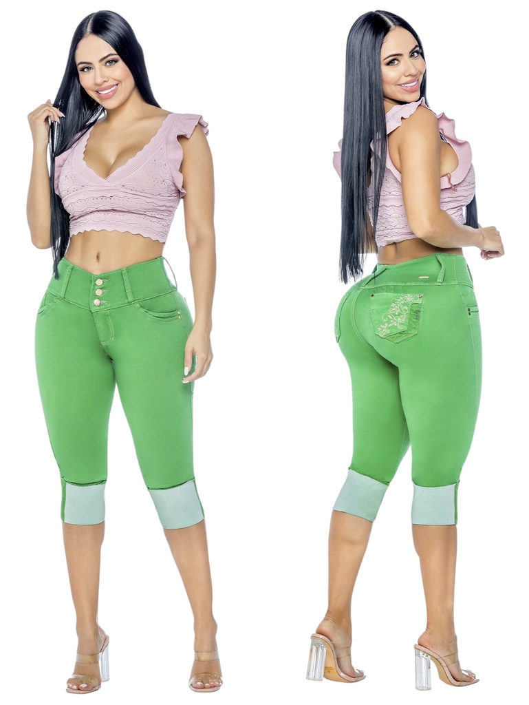 [26110304R05] Women's Green Cuffed Butt Lift Capri Jeans 10304