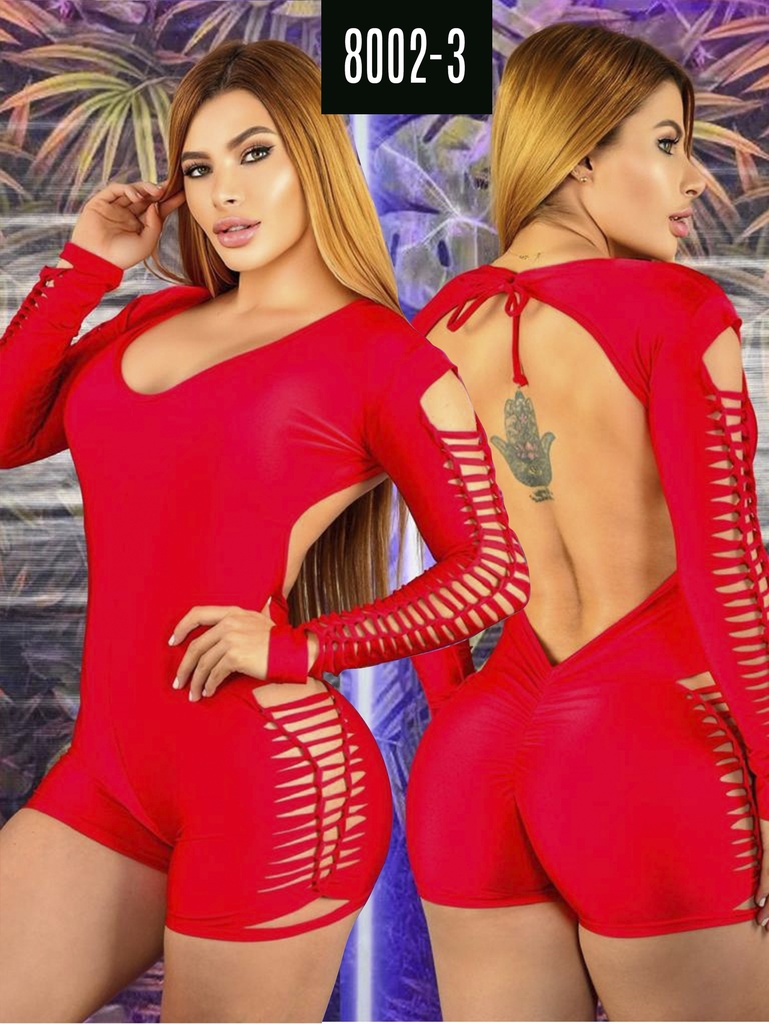 Conjunto Deportivo Enterizo Corto Manga Larga con Aberturas Rojo para Mujer 8002-3