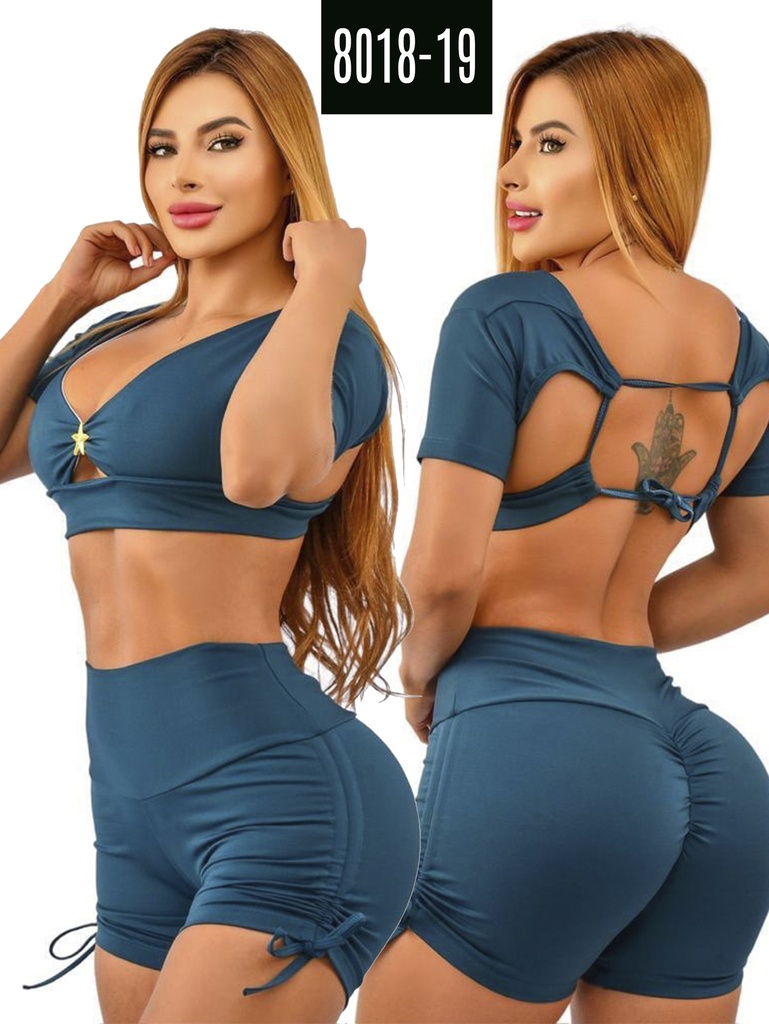 Women's Teal Crop Top & Scrunch Shorts Activewear Set 8018-19