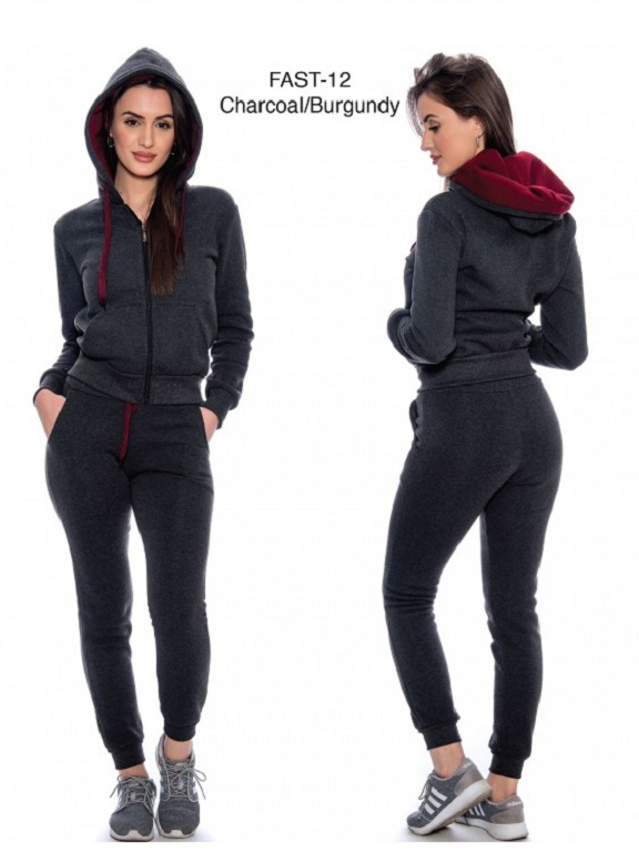 Conjunto Deportivo Sudadera con Capucha y Jogger Carbón y Vino Tinto para Mujer Fast-12 Charcoal