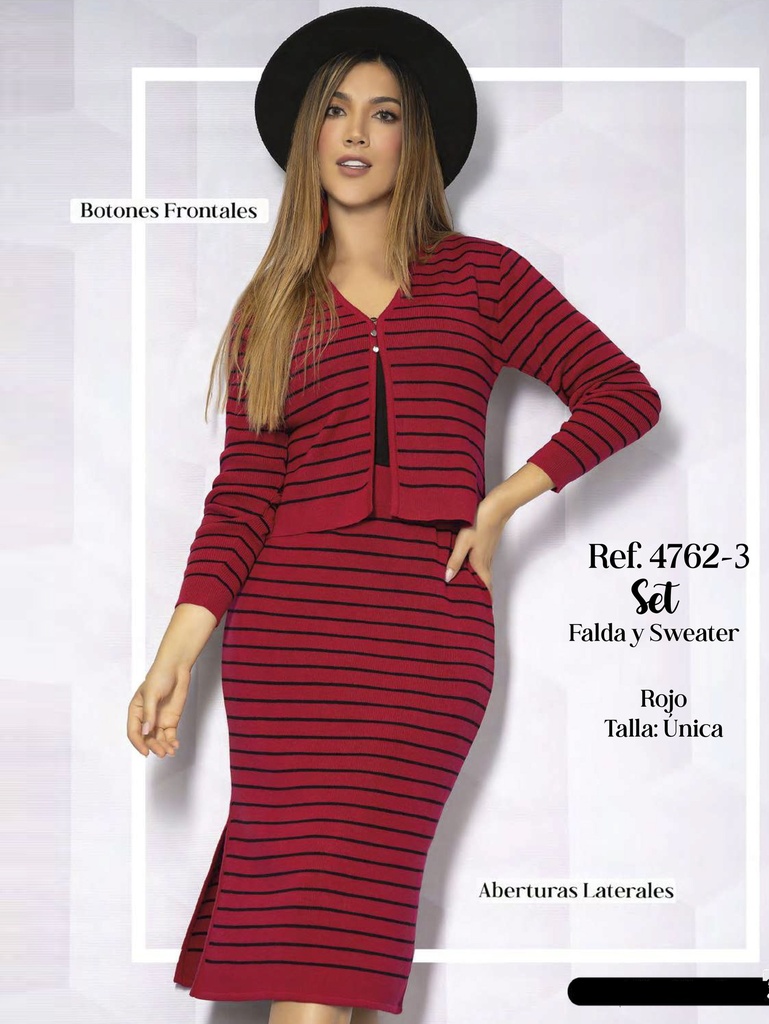 [34647623] Women's Red Striped Knit V-Neck Sweater & Skirt Two-Piece Set 4702-3