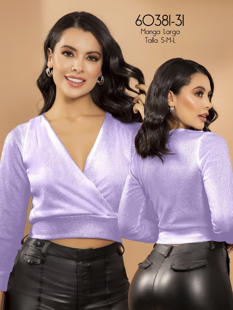 [2486038131S] Women's Lilac Satin Wrap Long-Sleeve Crop Top 60381-31