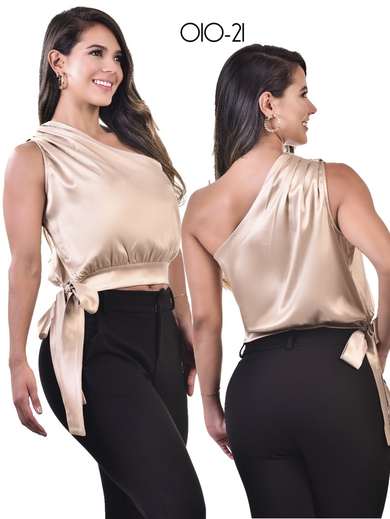 [10701021XL] Women's Champagne Satin One-Shoulder Tie Blouse 010-21