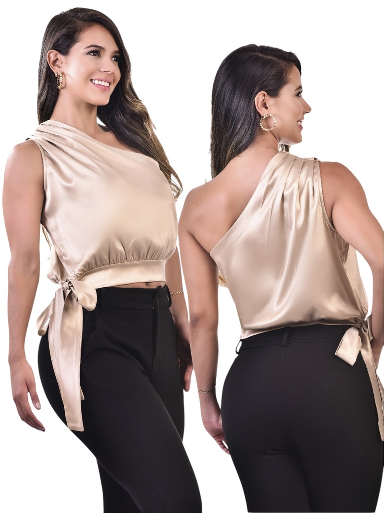 Women's Champagne Satin One-Shoulder Tie Blouse 010-21