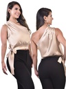 Women's Champagne Satin One-Shoulder Tie Blouse 010-21