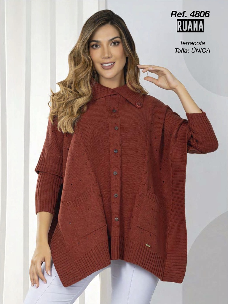 [3464806T] Women's Rust Red Button Front Ruana Sweater 4806