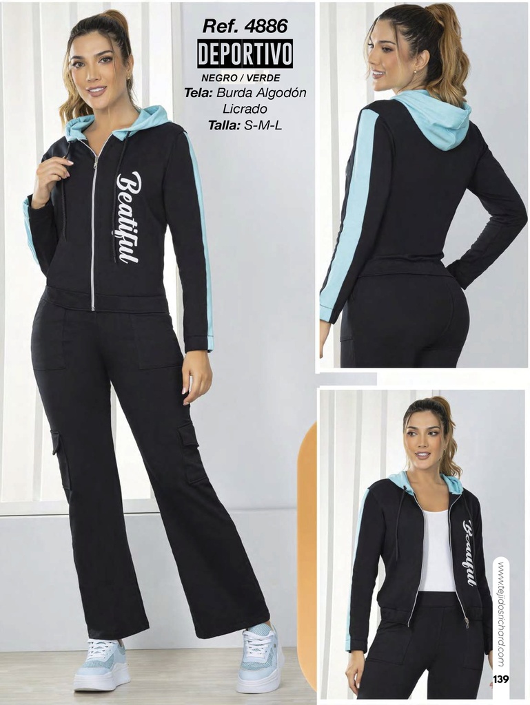 [3464886S] Conjunto Deportivo Sudadera con Cierre y Pantalón Campana Negro y Azul Claro para Mujer 4886