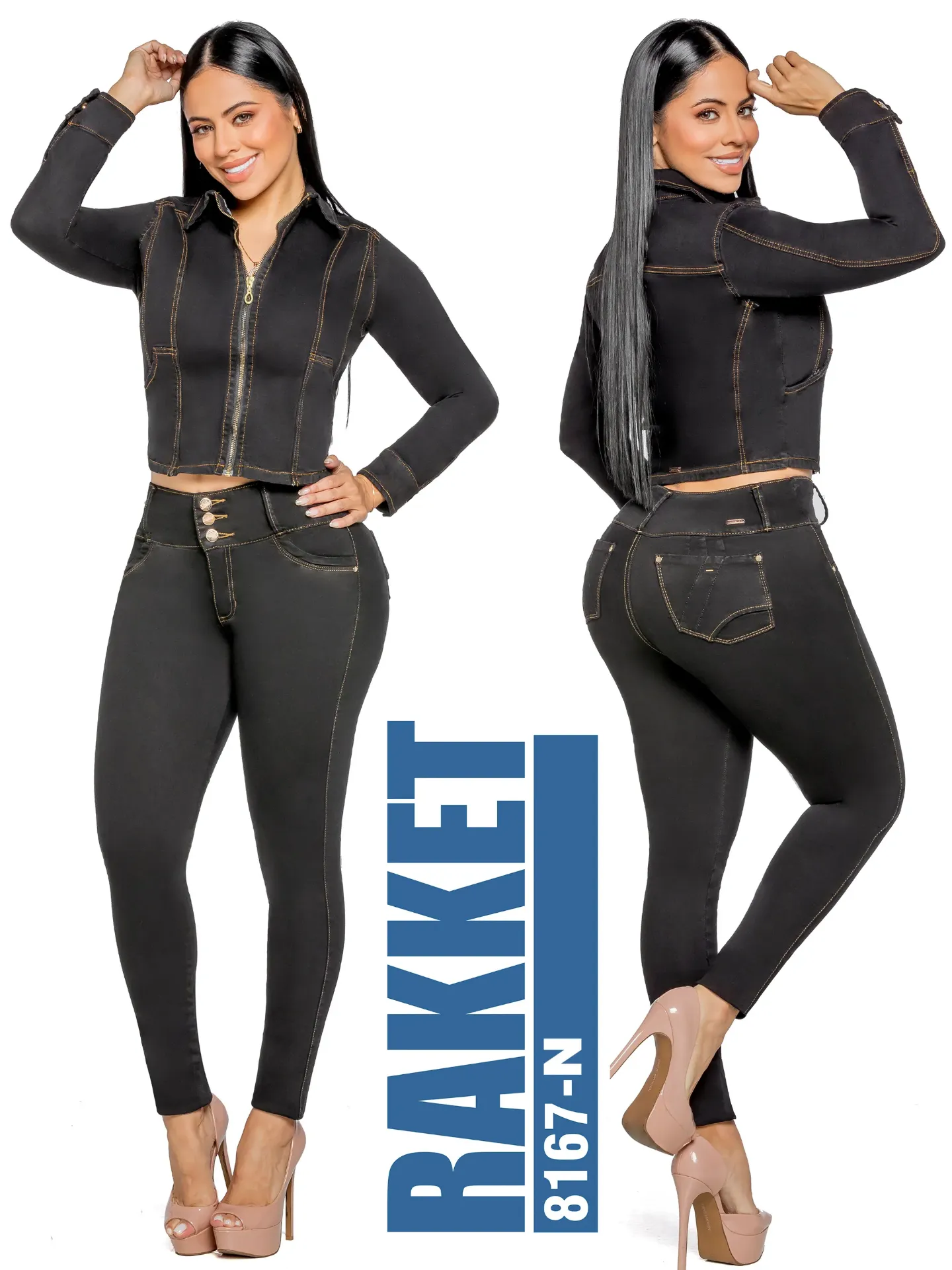 [2618167RN05] Women's Black Denim Jacket & Jeans Two-Piece Set 8167-N
